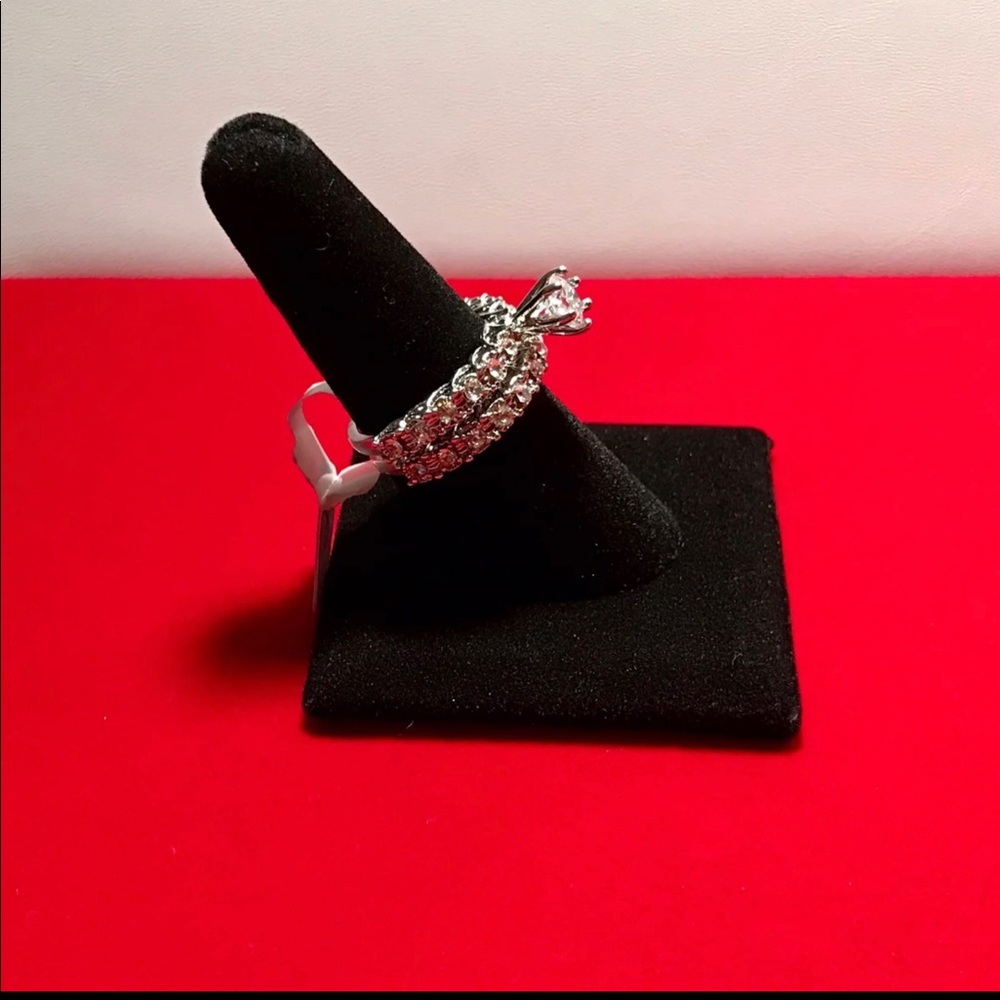 Silver Round Cut Rhinestone Wedding Rings Set - Picture 5 of 11